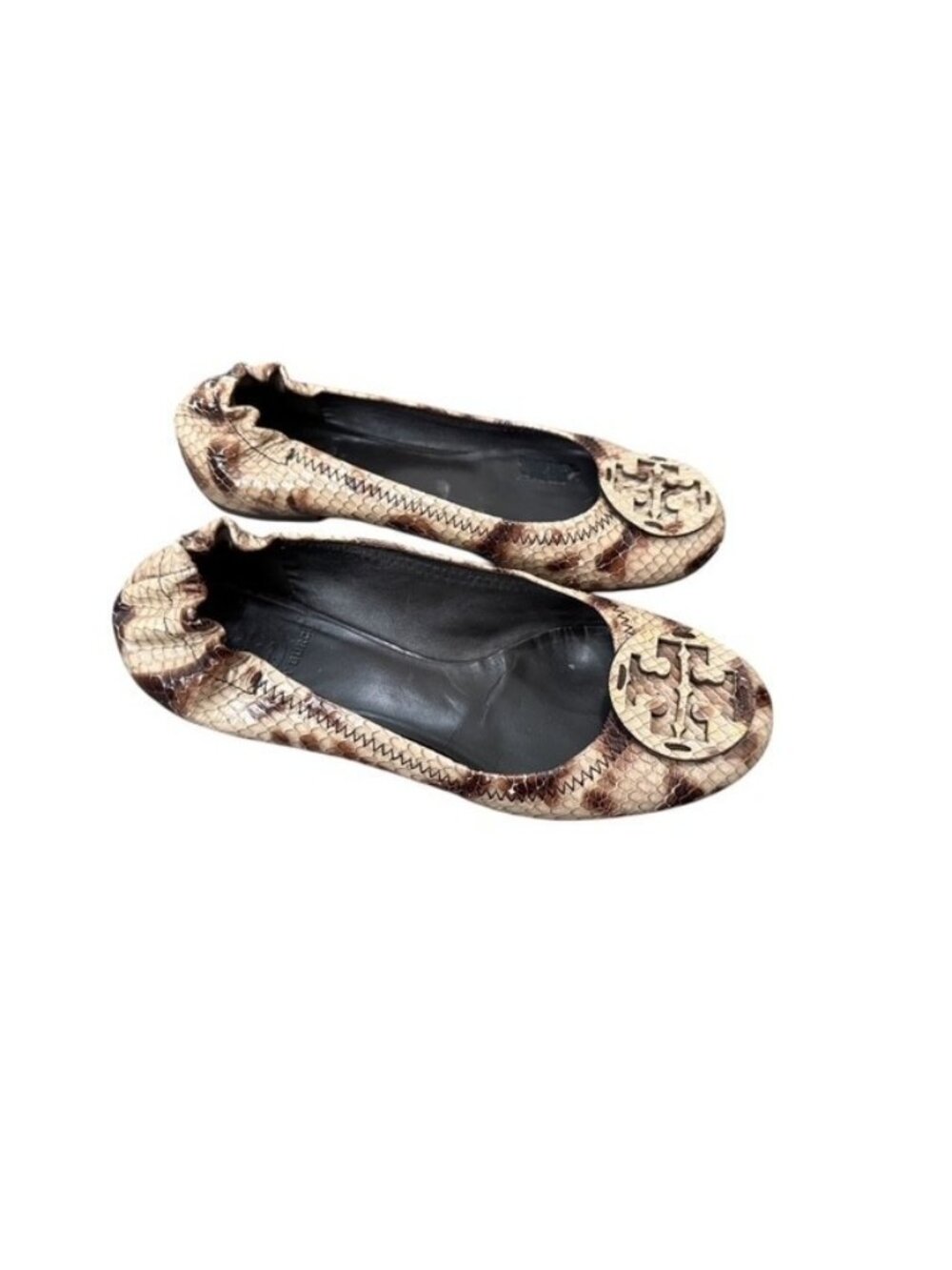 Tory Burch Logo Ballet Flats Shoes Womens Size 7 Snake Skin Leather Travel Beige